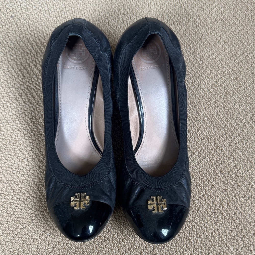 Tory Burch Black Wedges with Gold Logo